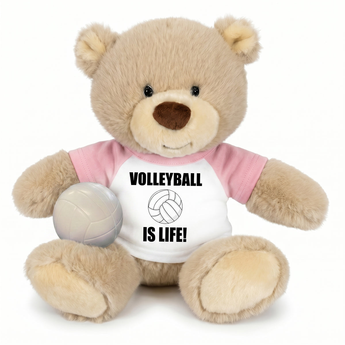 Personalized Volleyball Teddy Bear - 10 Inch Tan Nuzzles Bear - Pink Shirt