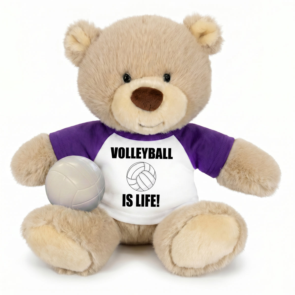 Personalized Volleyball Teddy Bear - 10 Inch Tan Nuzzles Bear - Purple shirt