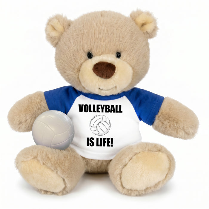 Personalized Volleyball Teddy Bear - 10 Inch Tan Nuzzles Bear - Royal Blue Shirt