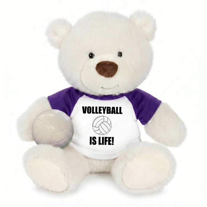 Personalized Volleyball Teddy Bear - 10 Inch White Nuzzles Bear - Purple Shirt