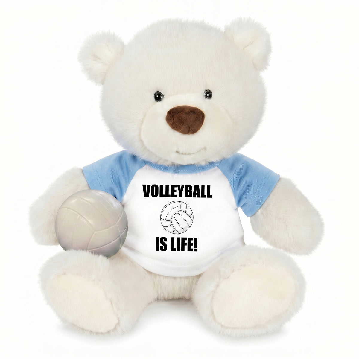 Personalized Volleyball Teddy Bear - 10 Inch White Nuzzles Bear - Light Blue Shirt