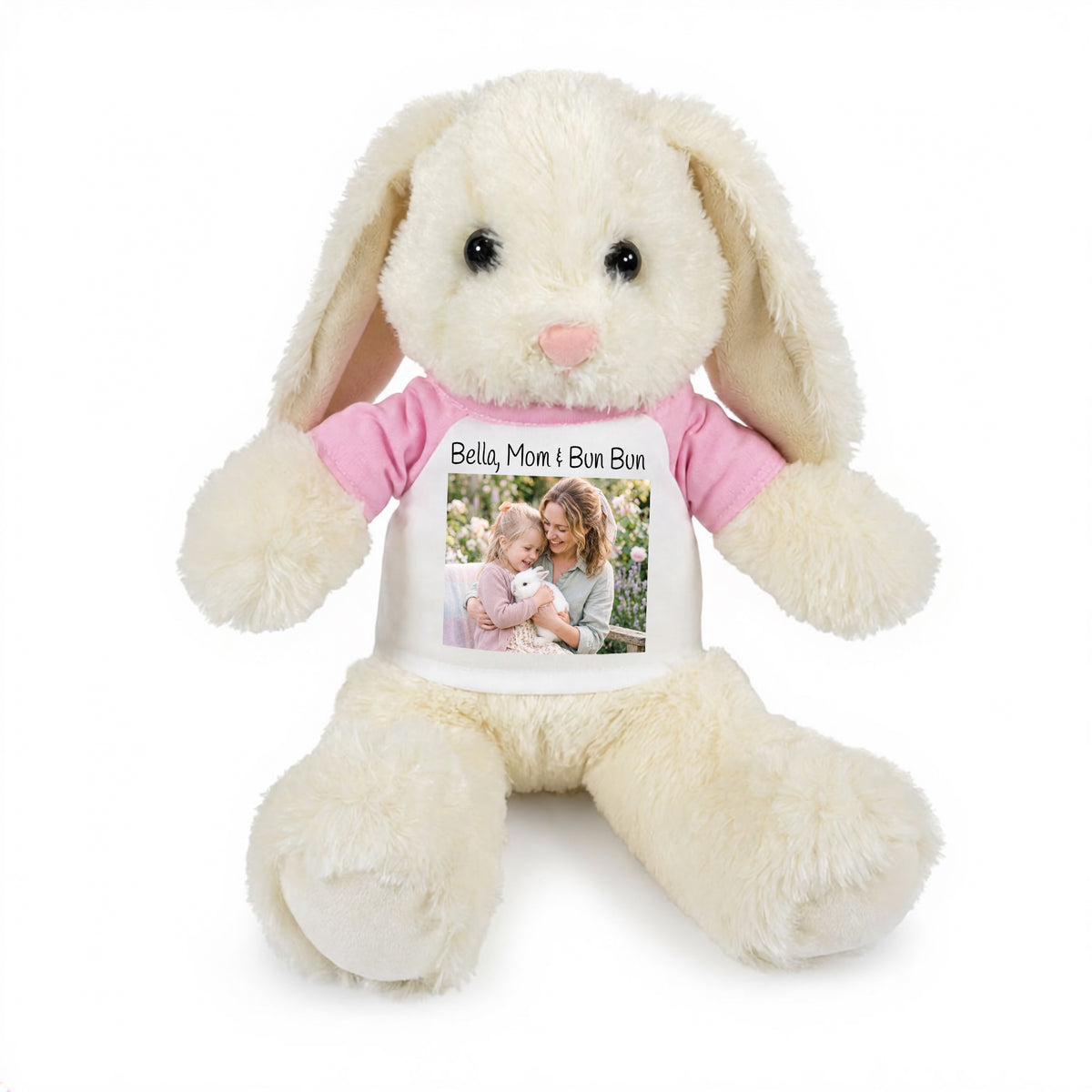 Personalized Stuffed 13 inch White Bunny Rabbit with Photo and/or Text - Pink Shirt