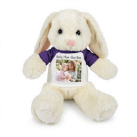 Personalized Stuffed 13 inch White Bunny Rabbit with Photo and/or Text - Purple Shirt