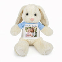 Personalized Stuffed 13 inch White Bunny Rabbit with Photo and/or Text - Light Blue
