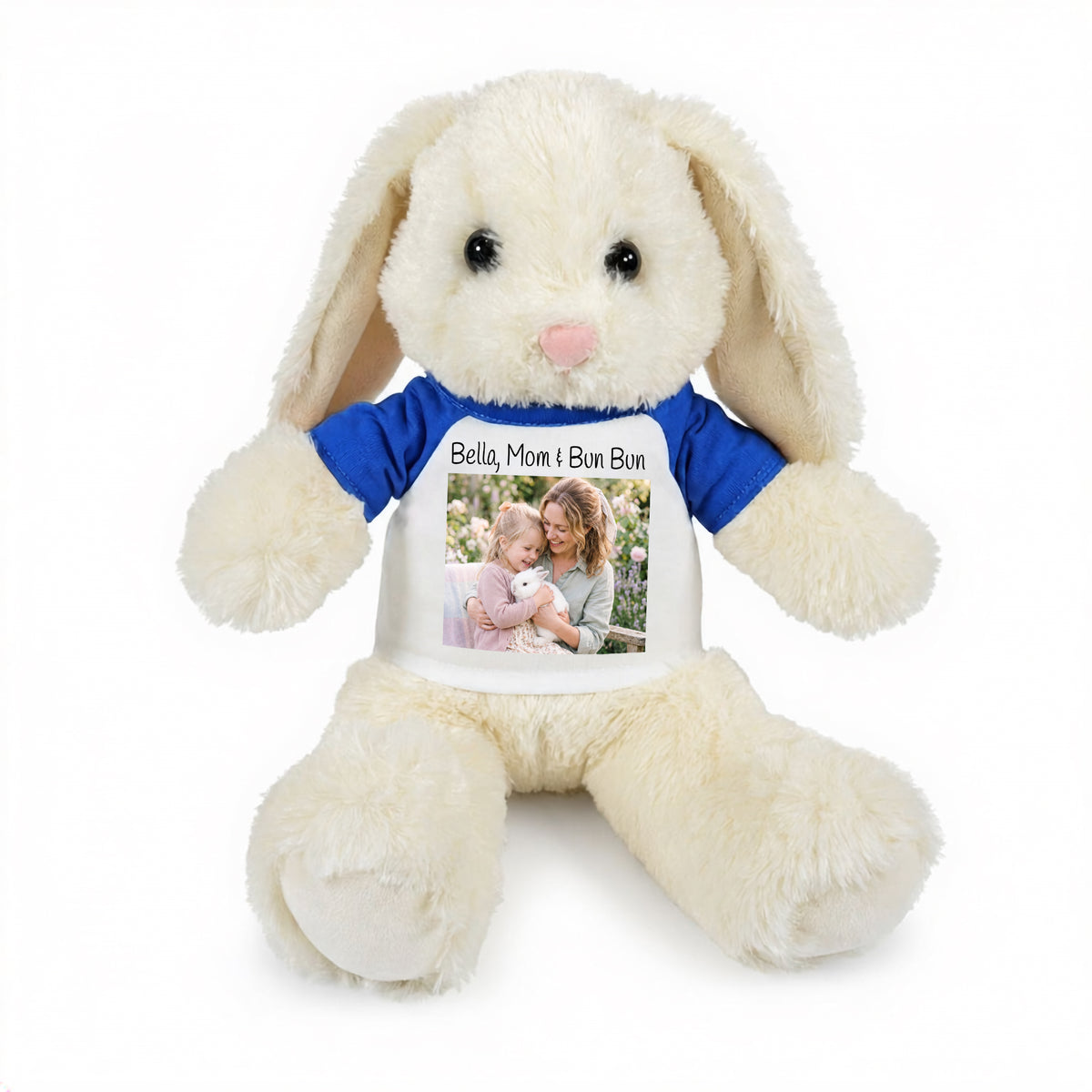 Personalized Stuffed 13 inch White Bunny Rabbit with Photo and/or Text - Royal Blue