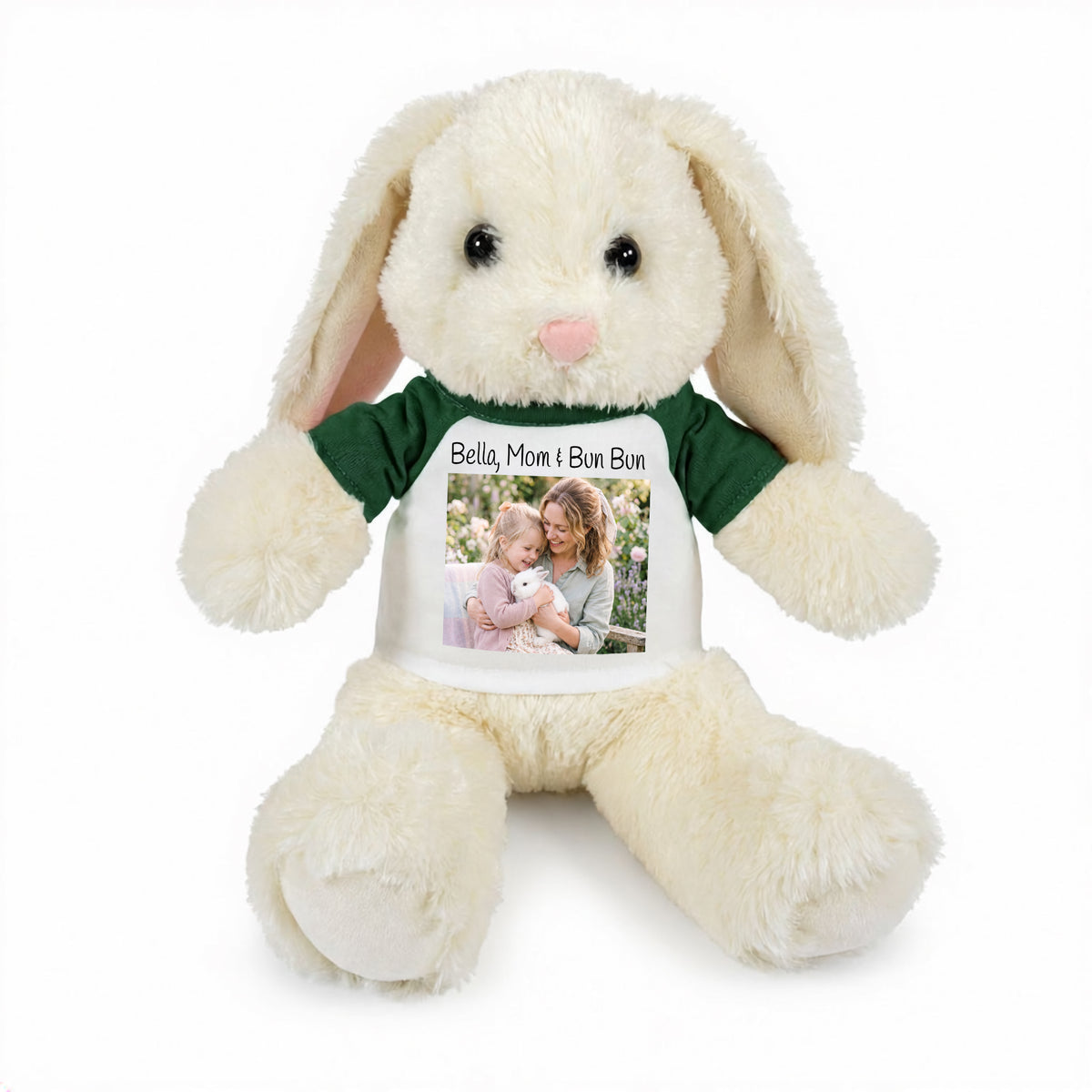 Personalized Stuffed 13 inch White Bunny Rabbit with Photo and/or Text - Green