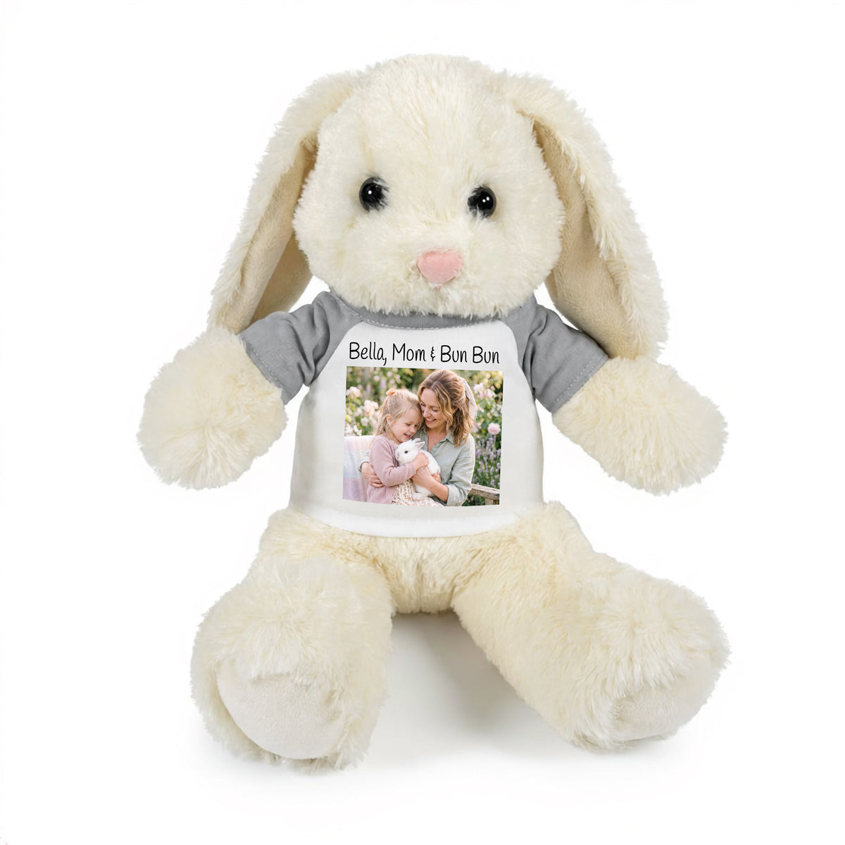 Personalized Stuffed 13 inch White Bunny Rabbit with Photo and/or Text - Grey