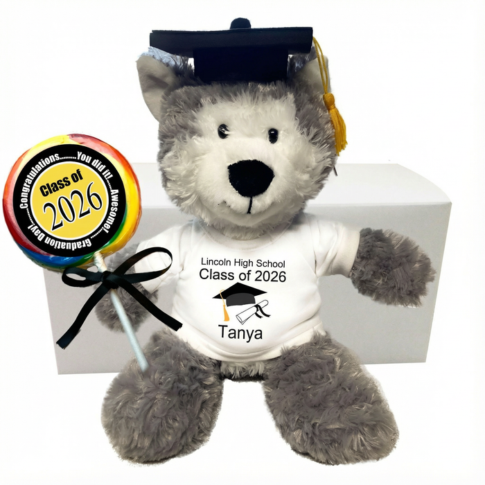 Personalized Graduation Class of 2026 Wolf / Husky Dog Gift Set - 12 Inch Plush