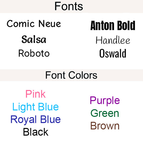 Fonts and text colors for personalized baby stuffed animals
