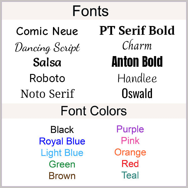 Fonts and Font Colors for Personalized Teddy Bears and Stuffed Animals