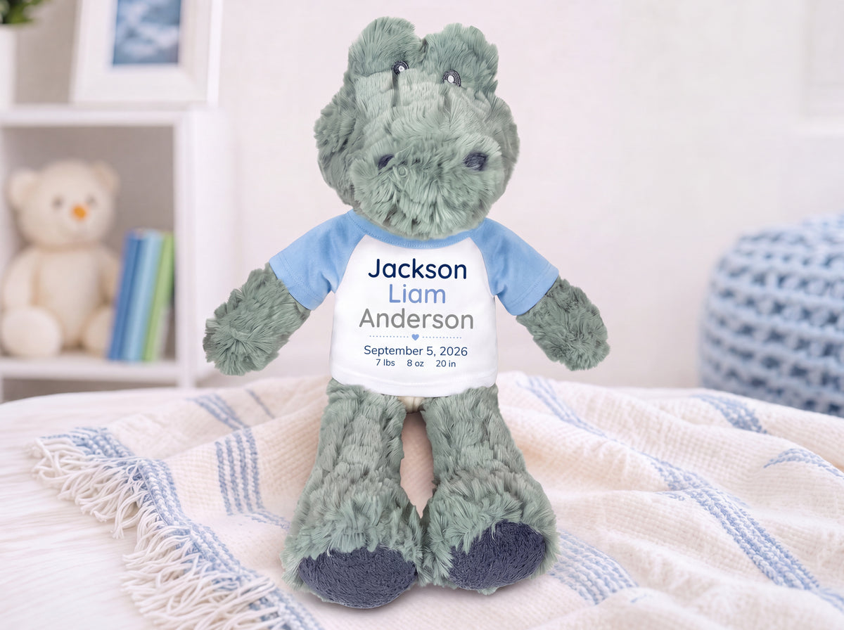 Personalized Stuffed Alligator for Baby Boy or Girl - 12" Ebba Plush Alli Gator - Custom Baby Gift