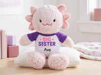 Personalized Big Sister Stuffed Axolotyl - 12 Inch Plush Axolytl - Choose from fun shirt and design colors and customize with any name.