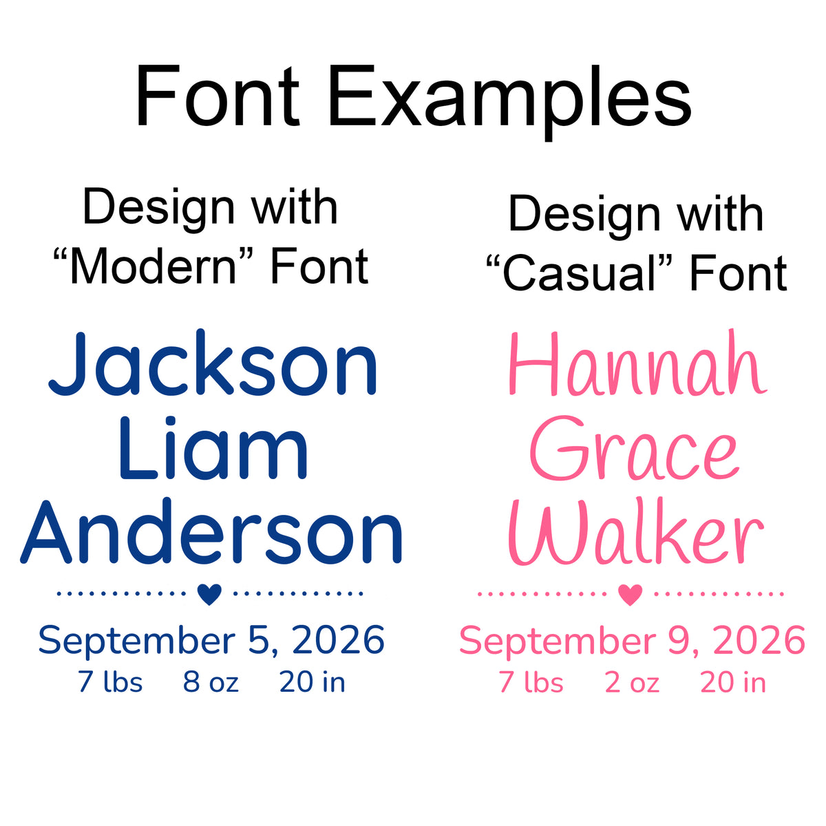 Example fonts for personalized baby stuffed animals