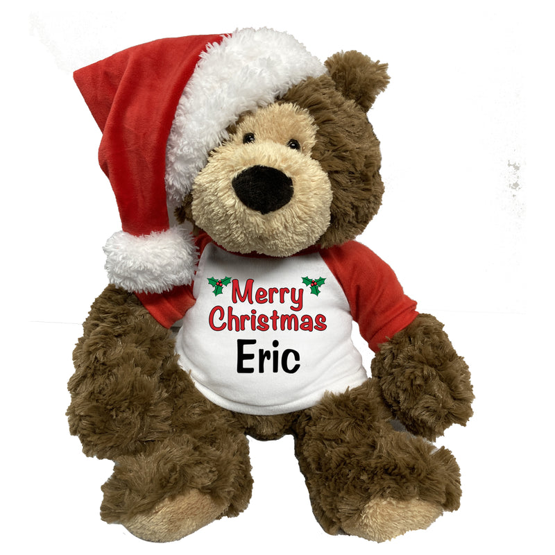Personalized Christmas Teddy Bear - 14" Bear Hugs with Santa Hat - Holly design