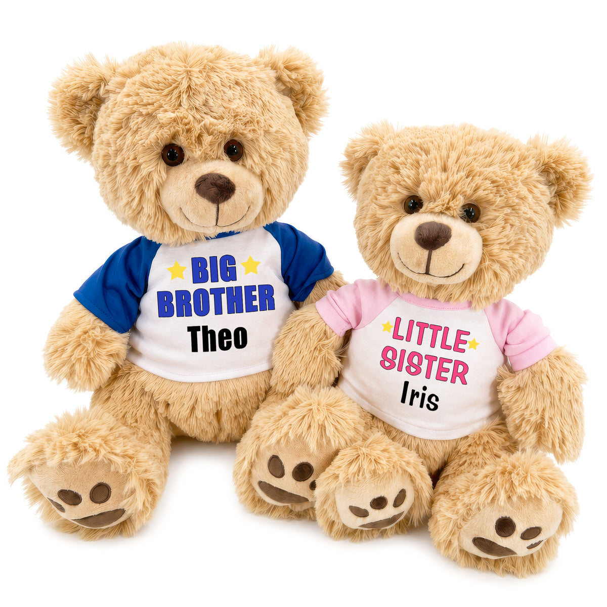Big Brother / Little Sister Teddy Bears - Set of 2 Honey Bears, 17 Inches and 14 inches - Royal Blue / Pink