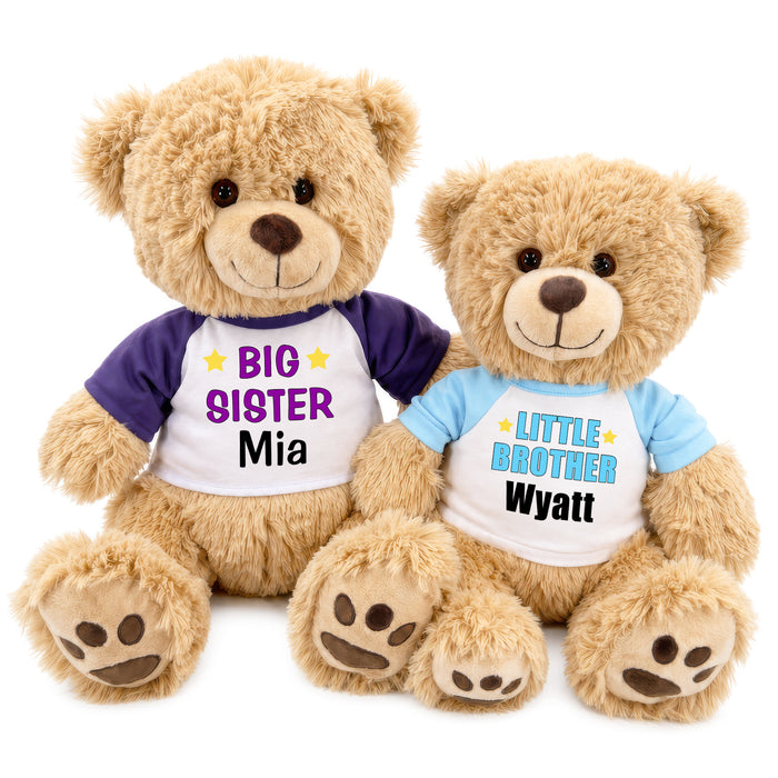 Big Sister / Little Brother Teddy Bears - Set of 2 Honey Bears, 17 Inches and 14 inches - Purple/Light Blue