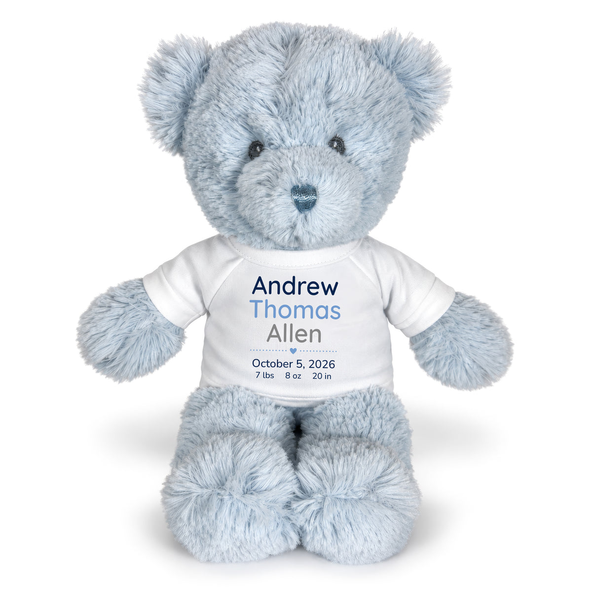 Personalized Teddy Bear for Baby Boy- 12" Blue Baby Bear - White Shirt w/Blue & Grey Design, 