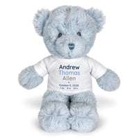 Personalized Teddy Bear for Baby Boy- 12" Blue Baby Bear - White Shirt w/Blue & Grey Design, 