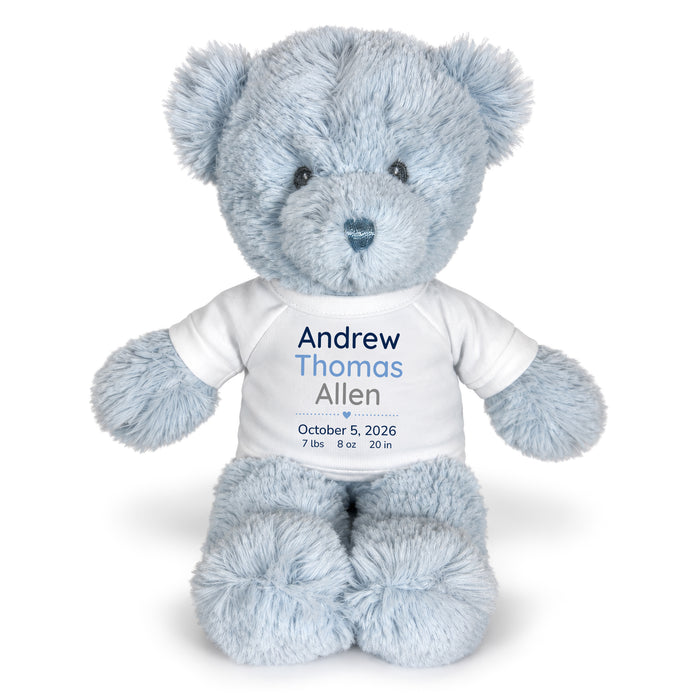 Personalized Teddy Bear for Baby Boy- 12" Blue Baby Bear - White Shirt w/Blue & Grey Design, 
