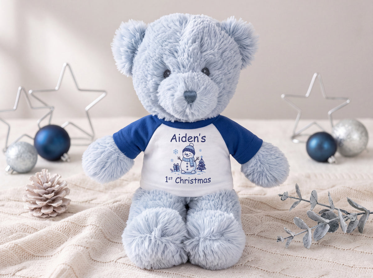 Personalized Christmas Teddy Bear - 12 Inch Blue Baby Bear - Baby Boy First Christmas