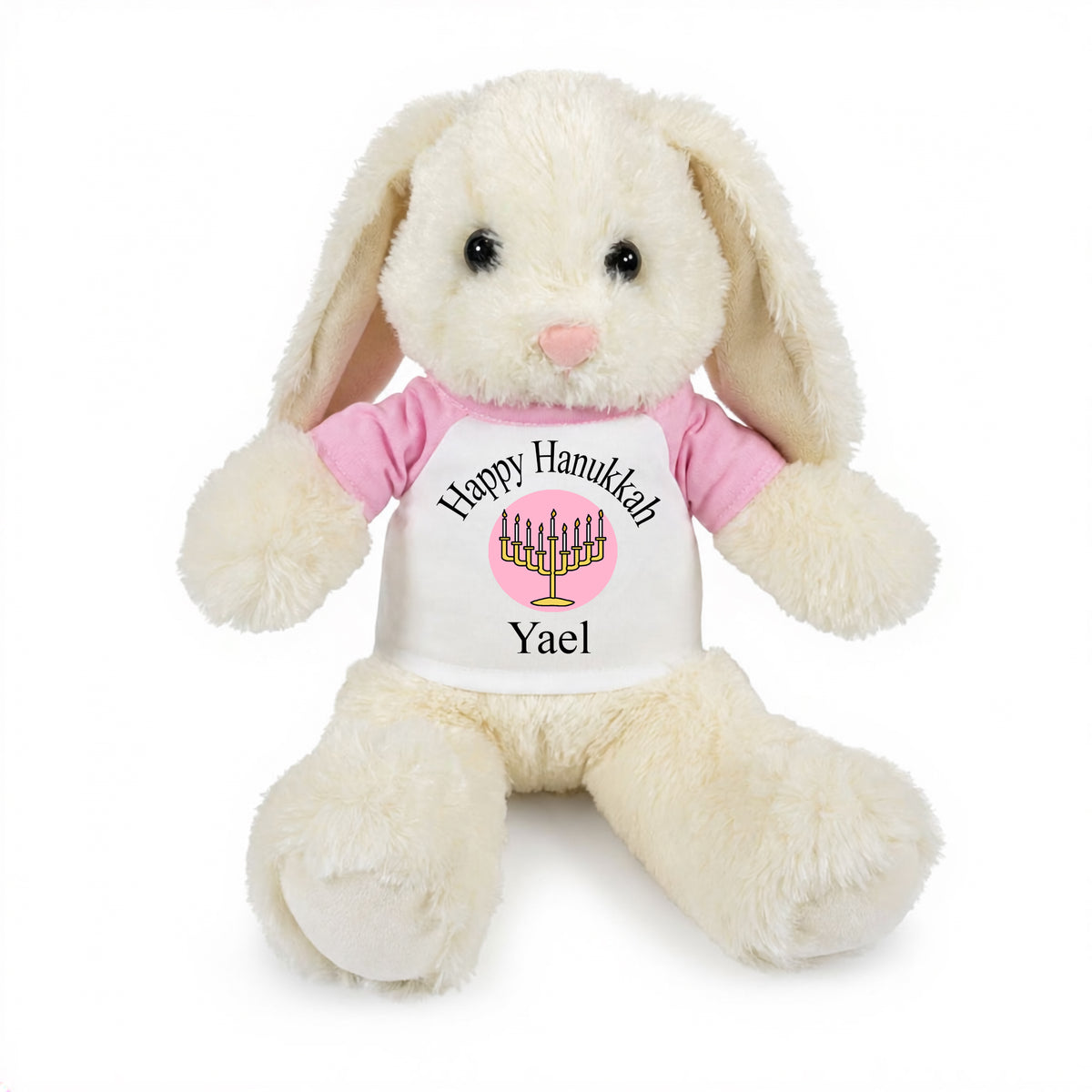 Personalized Hanukkah Bunny - 13 Inch Plush White Rabbit - Pink Shirt with Pink Design