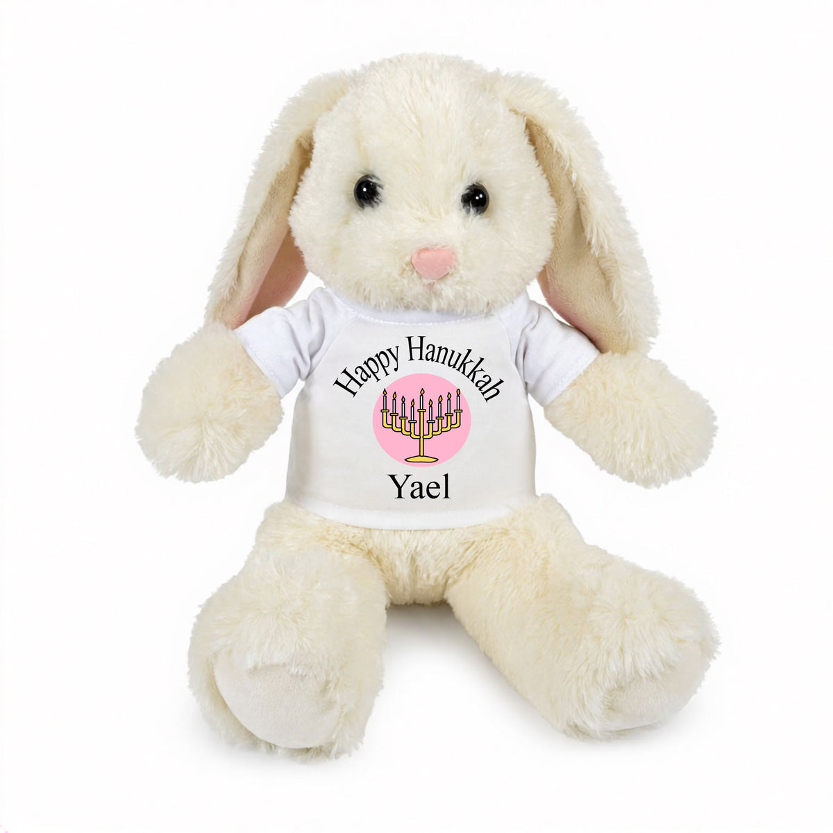 Personalized Hanukkah Bunny - 13 Inch Plush White Rabbit - White Shirt with Pink Design