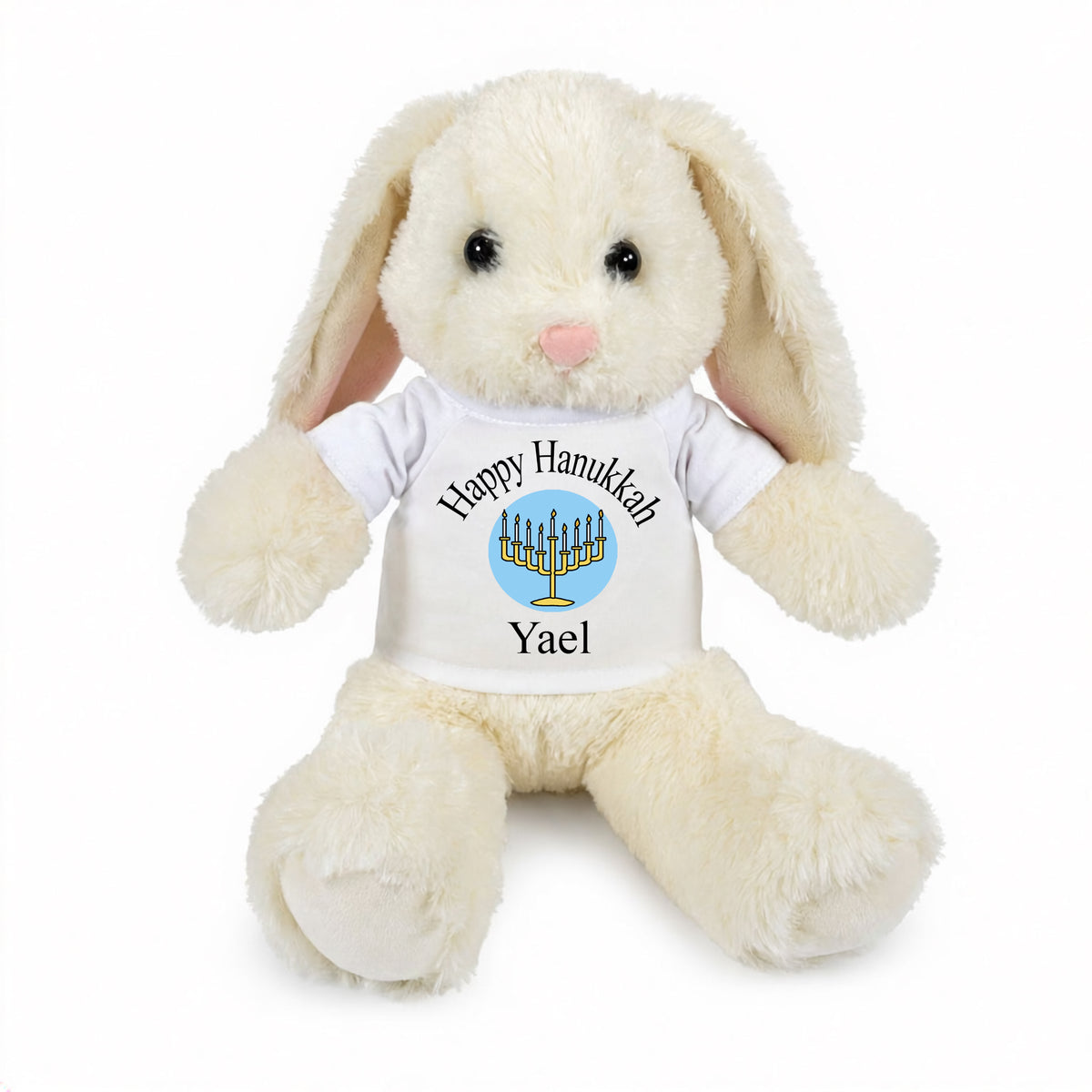 Personalized Hanukkah Bunny - 13 Inch Plush White Rabbit - White Shirt with Light Blue Design