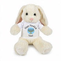 Personalized Hanukkah Bunny - 13 Inch Plush White Rabbit - White Shirt with Light Blue Design