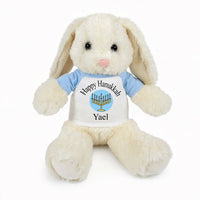 Personalized Hanukkah Bunny - 13 Inch Plush White Rabbit - Light Blue Sleeves and Design