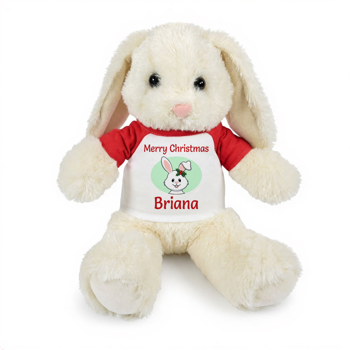 Personalized Christmas Stuffed Bunny - 13 Inch Plush White Rabbit - Red shirt with bunny design