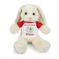 Personalized Christmas Stuffed Bunny - 13 Inch Plush White Rabbit - Red shirt with bunny design