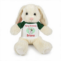 Personalized Christmas Stuffed Bunny - 13 Inch Plush White Rabbit - Green shirt with bunny design
