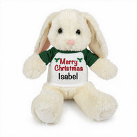 Personalized Christmas Stuffed Bunny - 13 Inch Plush White Rabbit - Green shirt with text design