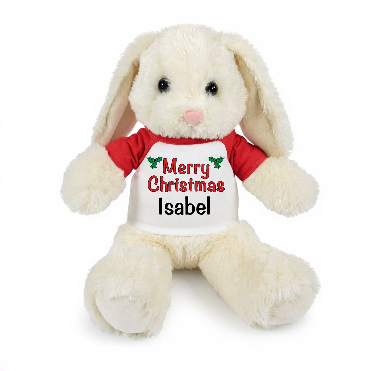 Personalized Christmas Stuffed Bunny - 13 Inch Plush White Rabbit - Red shirt with text design
