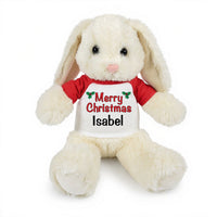 Personalized Christmas Stuffed Bunny - 13 Inch Plush White Rabbit - Red shirt with text design