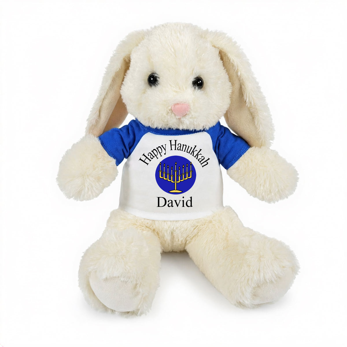 Personalized Hanukkah Bunny - 13 Inch Plush White Rabbit - Royal Blue Shirt with Royal Blue Design
