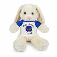 Personalized Hanukkah Bunny - 13 Inch Plush White Rabbit - Royal Blue Shirt with Royal Blue Design