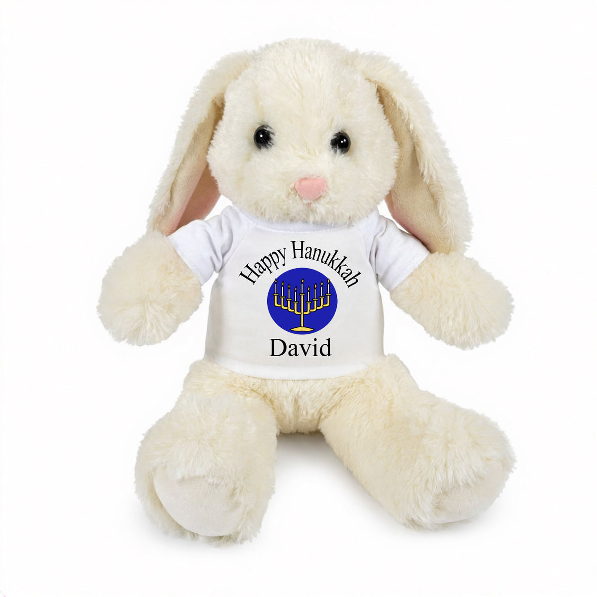 Personalized Hanukkah Bunny - 13 Inch Plush White Rabbit - White Shirt with Royal Blue Design