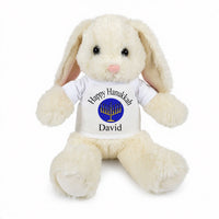 Personalized Hanukkah Bunny - 13 Inch Plush White Rabbit - White Shirt with Royal Blue Design