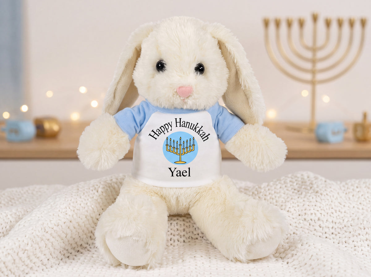 Personalized Hanukkah Bunny - 13 Inch Plush White Rabbit - Custom Hanukkah Gift, Light Blue
