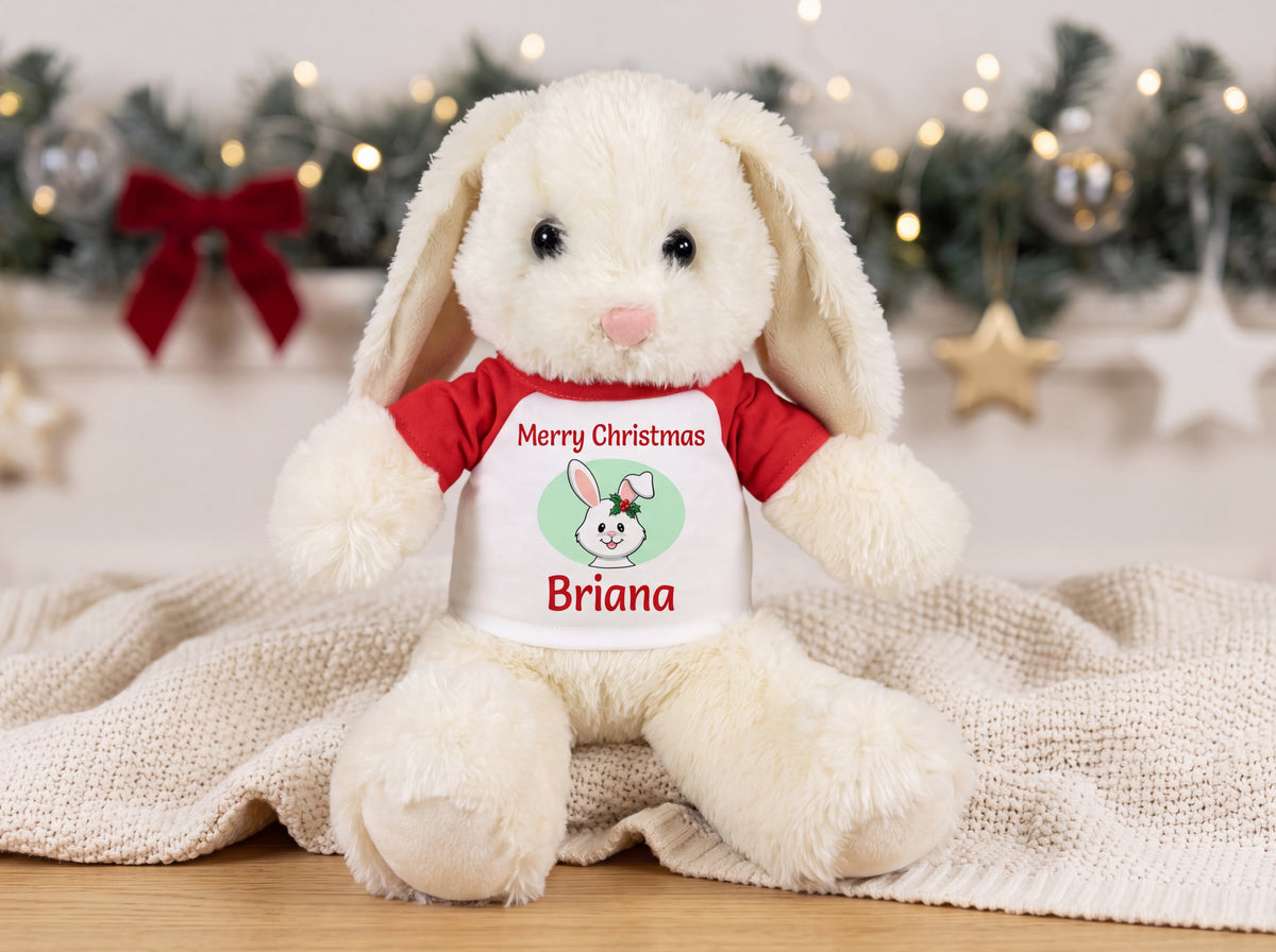 Personalized Christmas Stuffed Bunny - 13 Inch Plush White Rabbit - Customized Christmas Gift