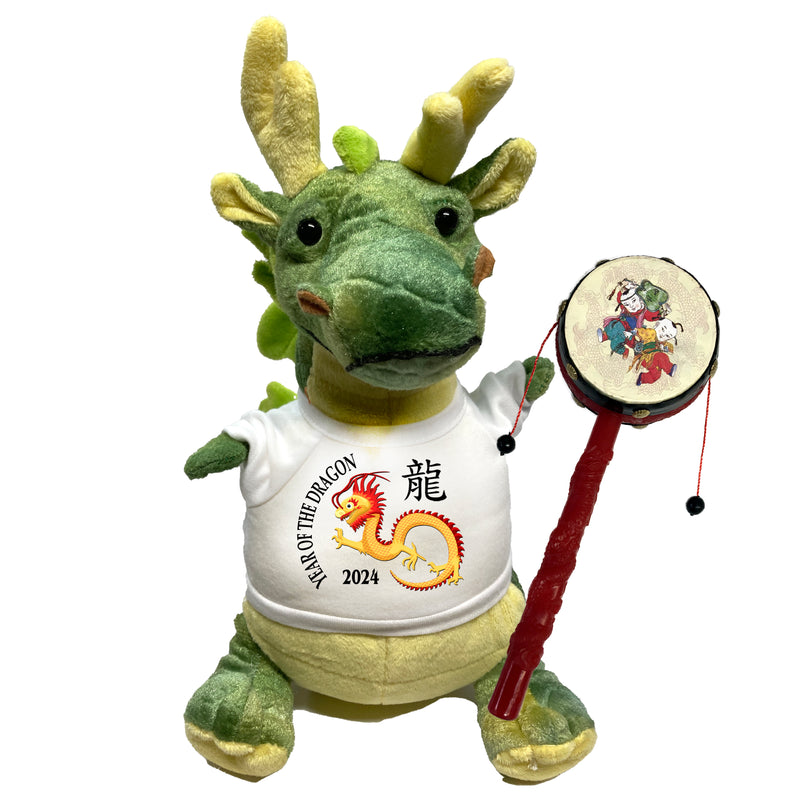 Year of the Dragon 2024 Chinese Zodiac Stuffed Animal - Small 11" Green Dragon with mini noisemaker drum