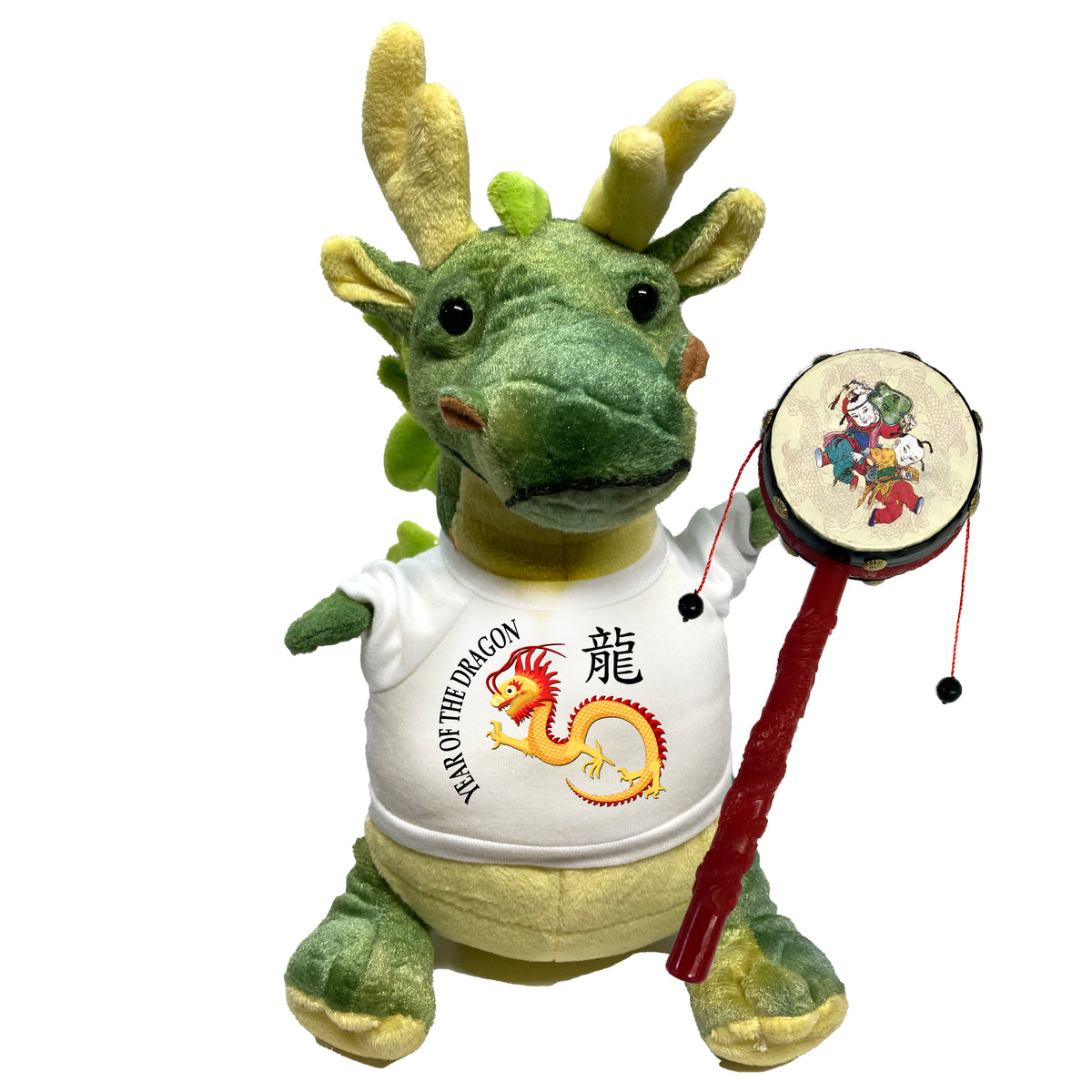 Year of the Dragon  Chinese Zodiac Stuffed Animal - Small 11" Green Dragon with mini drum noisemaker