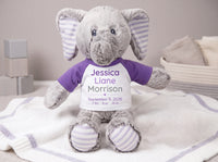 Personalized Stuffed Elephant for Baby Girl or Boy - 12 Inch Elvin Elephant - Customize with  baby's name, birth date, weight, and length and choose shirt and text color to make a special baby gift