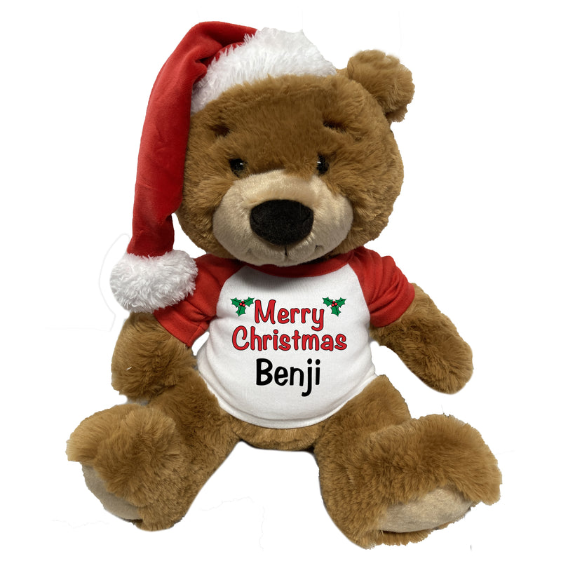 Personalized Christmas Teddy Bear - 14" Ginger Bear with Santa Hat Holly Design