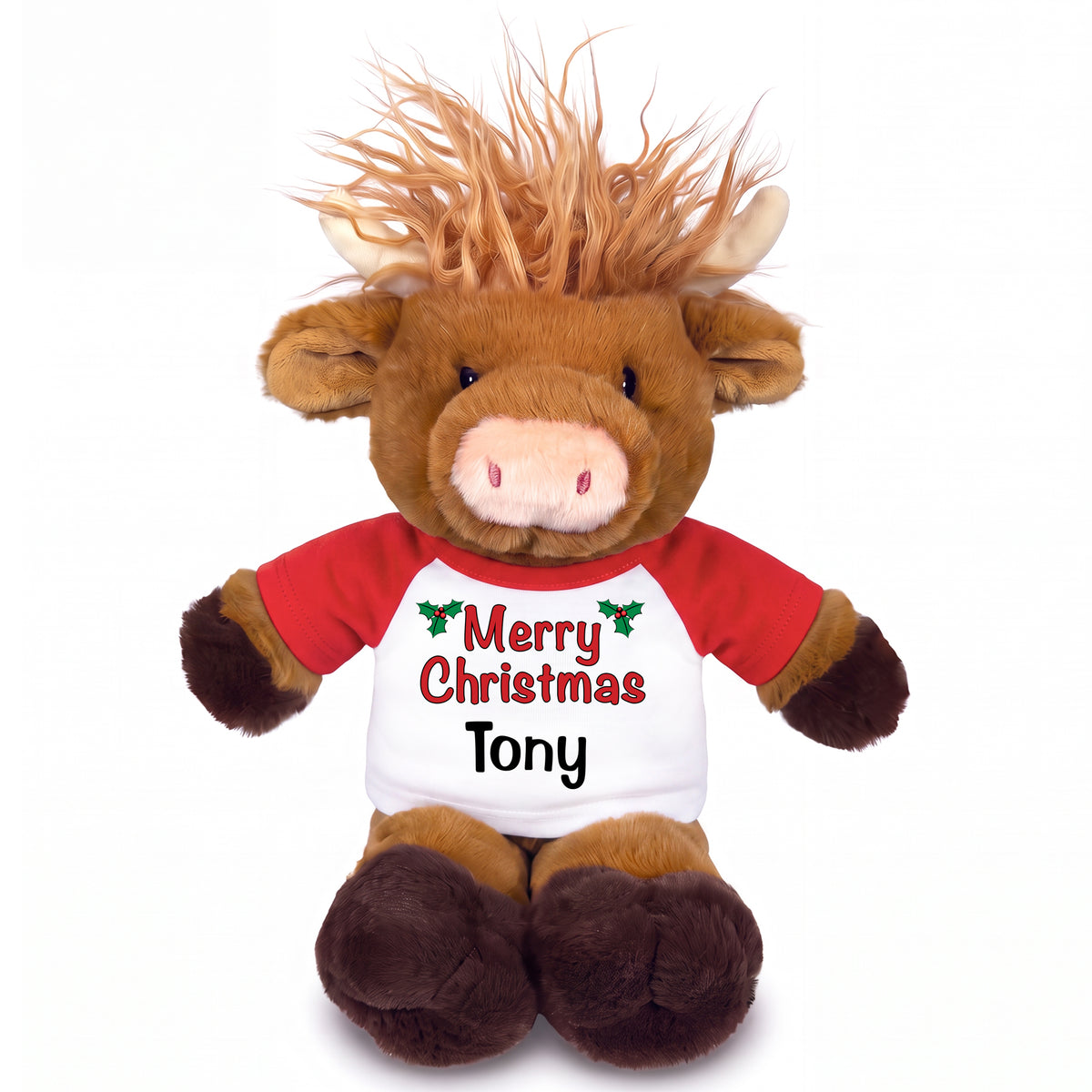 Personalized Christmas Stuffed Cow - 12 Inch Plush Scottish Highland Cow - Red Shirt with Words Design