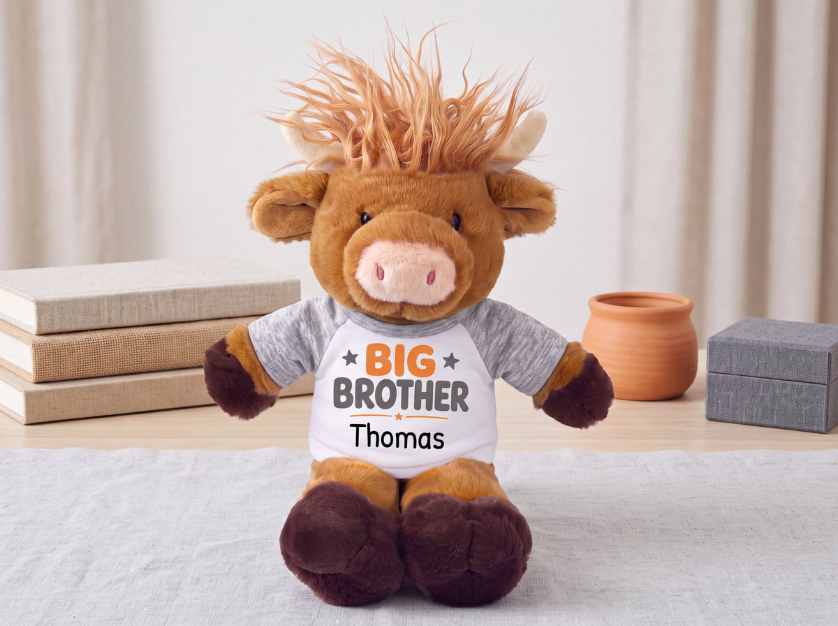 Personalized Big Brother Scottish Highland Cow - 12 inches - Choose from several colors, add any name.