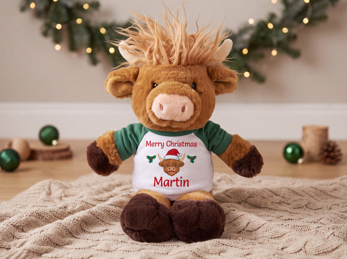 Personalized Christmas Stuffed Cow - 12 Inch Plush Scottish Highland Cow - Custom Christmas Gift