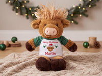 Personalized Christmas Stuffed Cow - 12 Inch Plush Scottish Highland Cow - Custom Christmas Gift