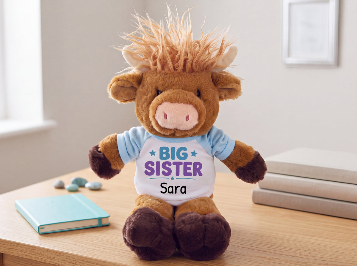 Personalized Big Sister Scottish Highland Cow - 12 inch Plush - Available with fun color options, add any name.
